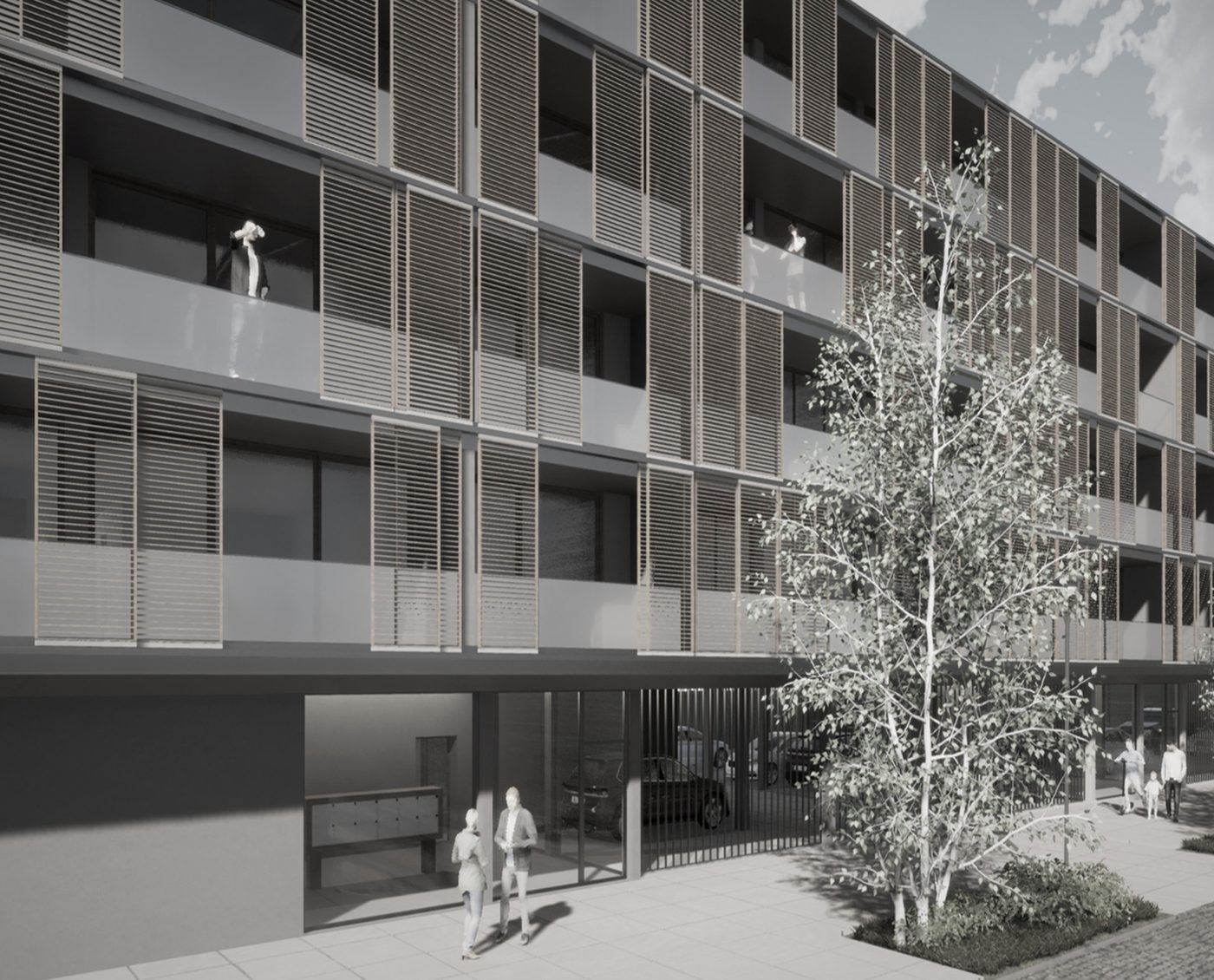 Street facade with sliding timber shutters