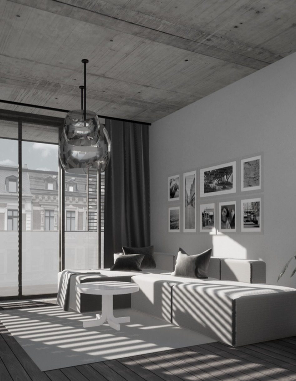 Apartment interior with open living and kitchen