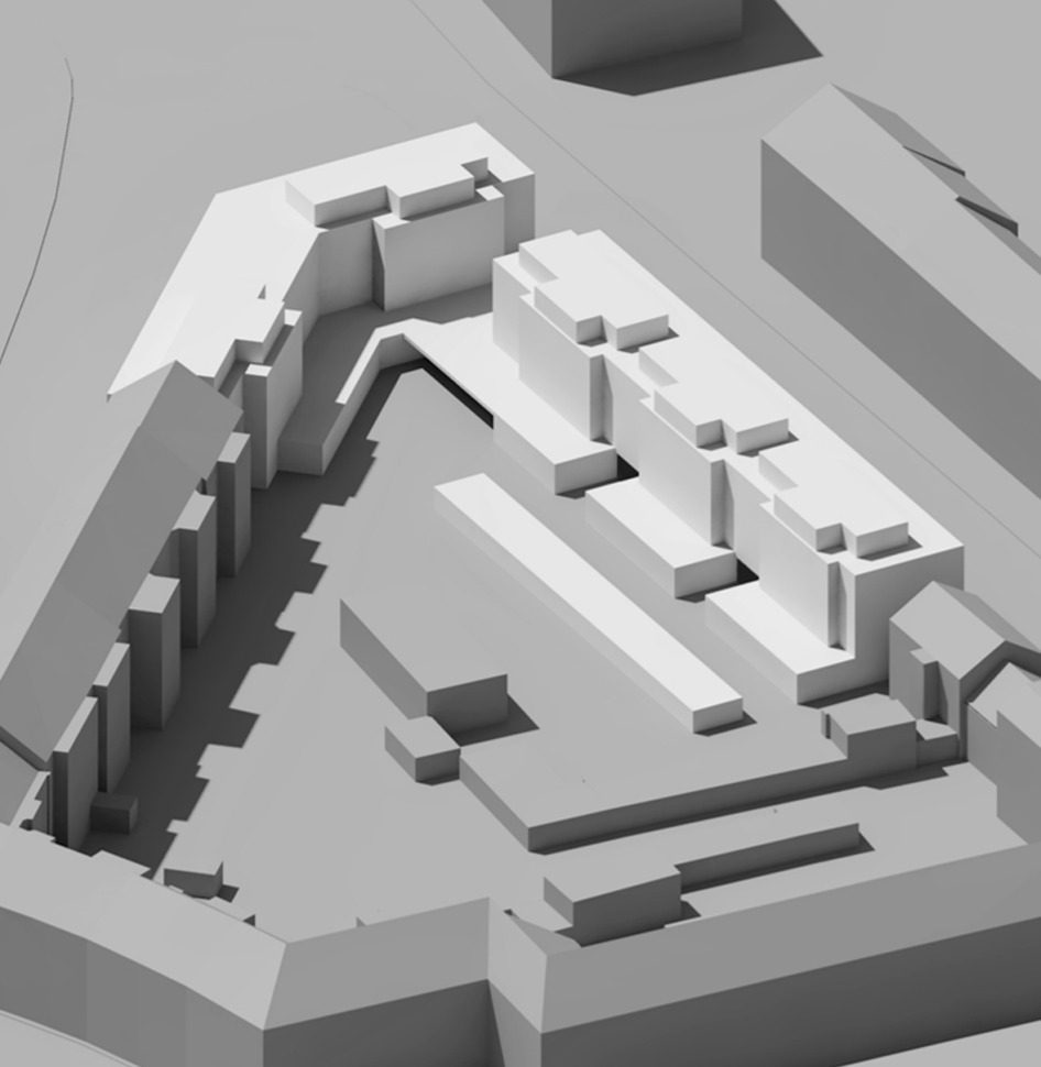 Massing model showing the new houses closing the gap in the block