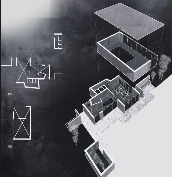 Exploded axonometric of Rest Stop Island with roof, upper volume and ground floor