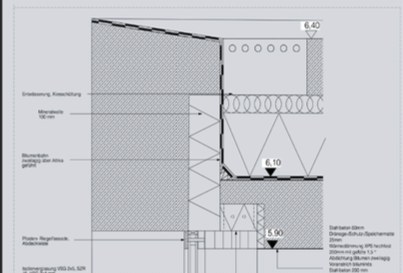 Construction detail of the roof slab edge at scale 1:5