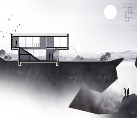 Section of Rest Stop Island: a two-level concrete building set into a misty volcanic landscape